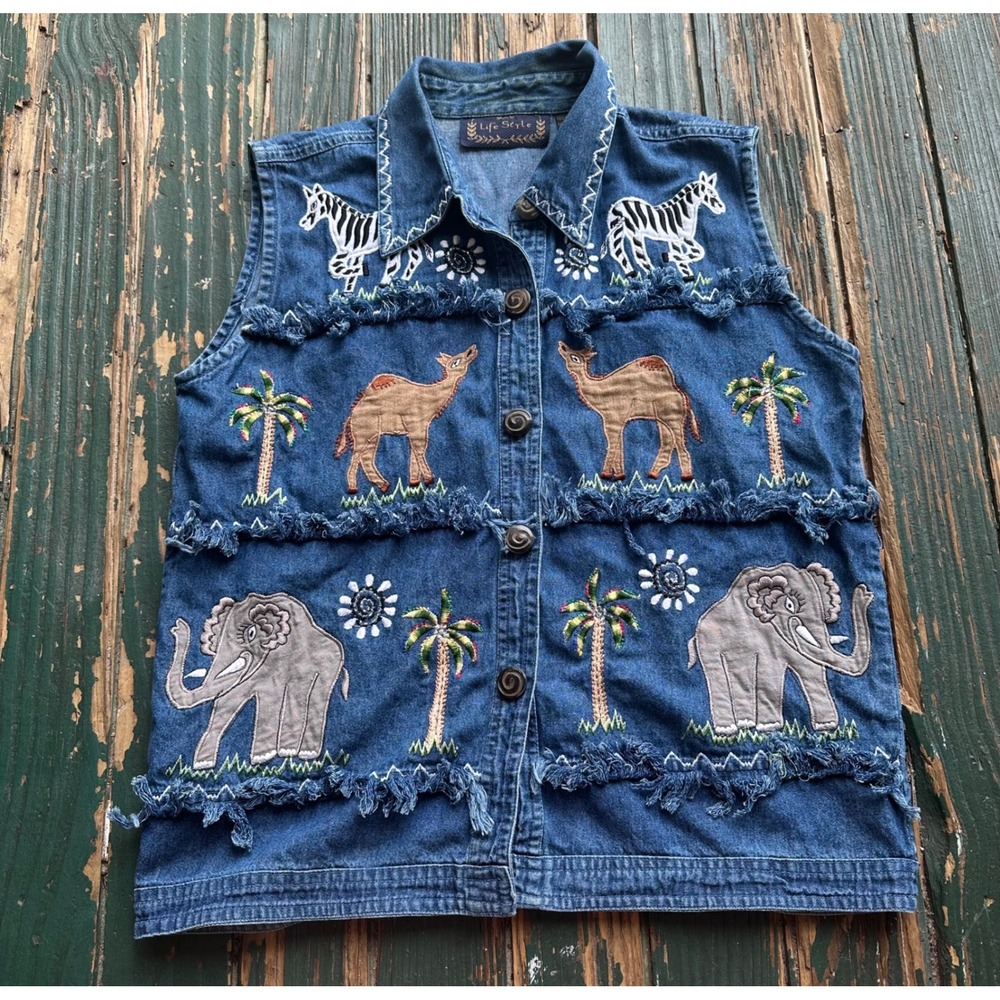 Life Style Vintage Denim Safari Vest Embroidered Elephant Zebra Camel Small